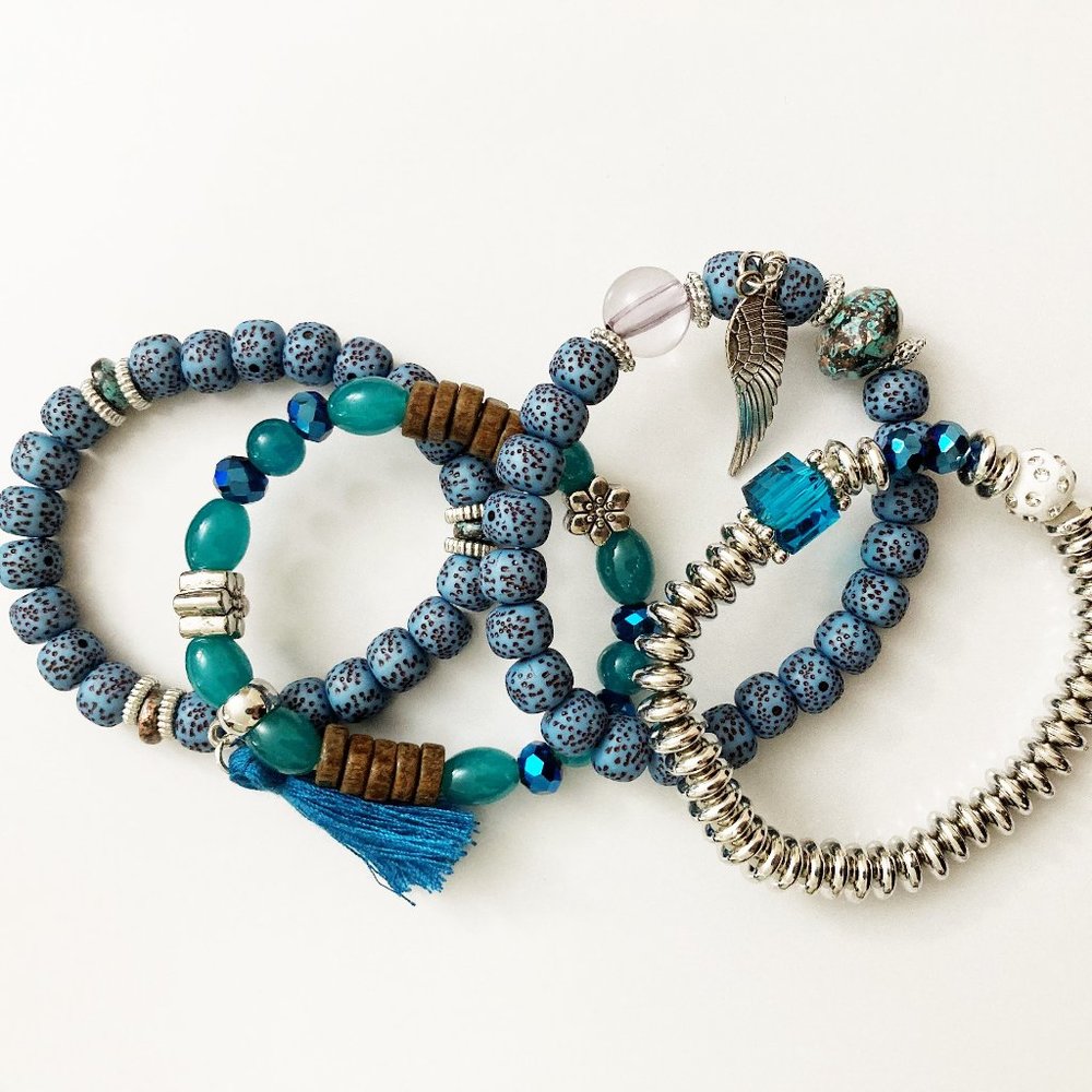 3/25 Bundle of 4 - Blue Bead Bracelet with Tassel and Wing Charm de…